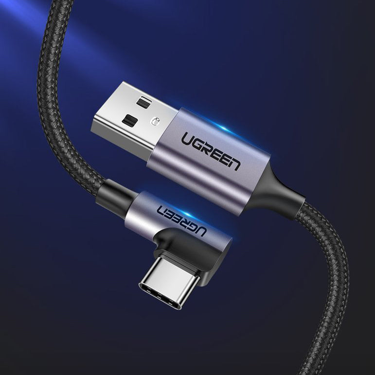 USB-A - USB-C UGREEN US284 Angled adat- és töltőkábel, 18W, 1m, szürke