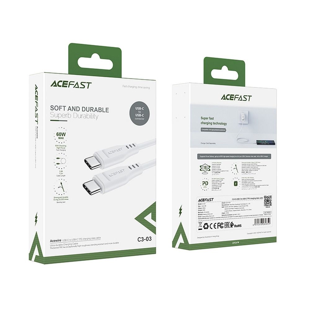 USB-C - USB-C Acefast C3-03 adat- és töltőkábel, 60W, 1.2m, fehér
