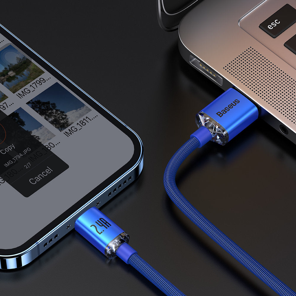 USB-A - Lightning Baseus Crystal Shine sorozatú adat- és töltőkábel, 18W, 1.2m, Kék CAJY000003