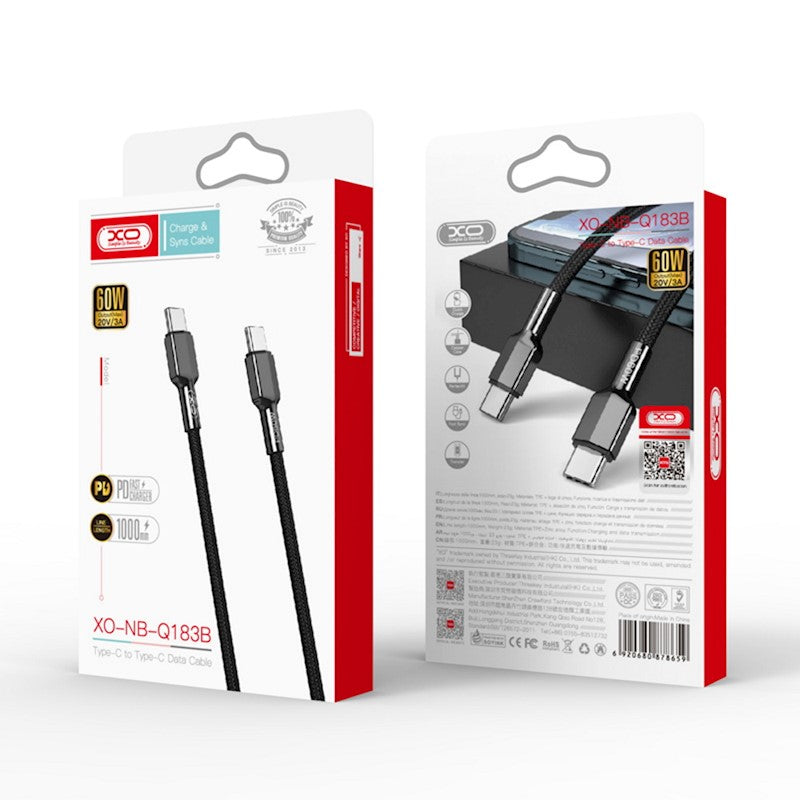 USB-C - USB-C adat- és töltőkábel XO Design NB183B, 60W, 1m, Fekete