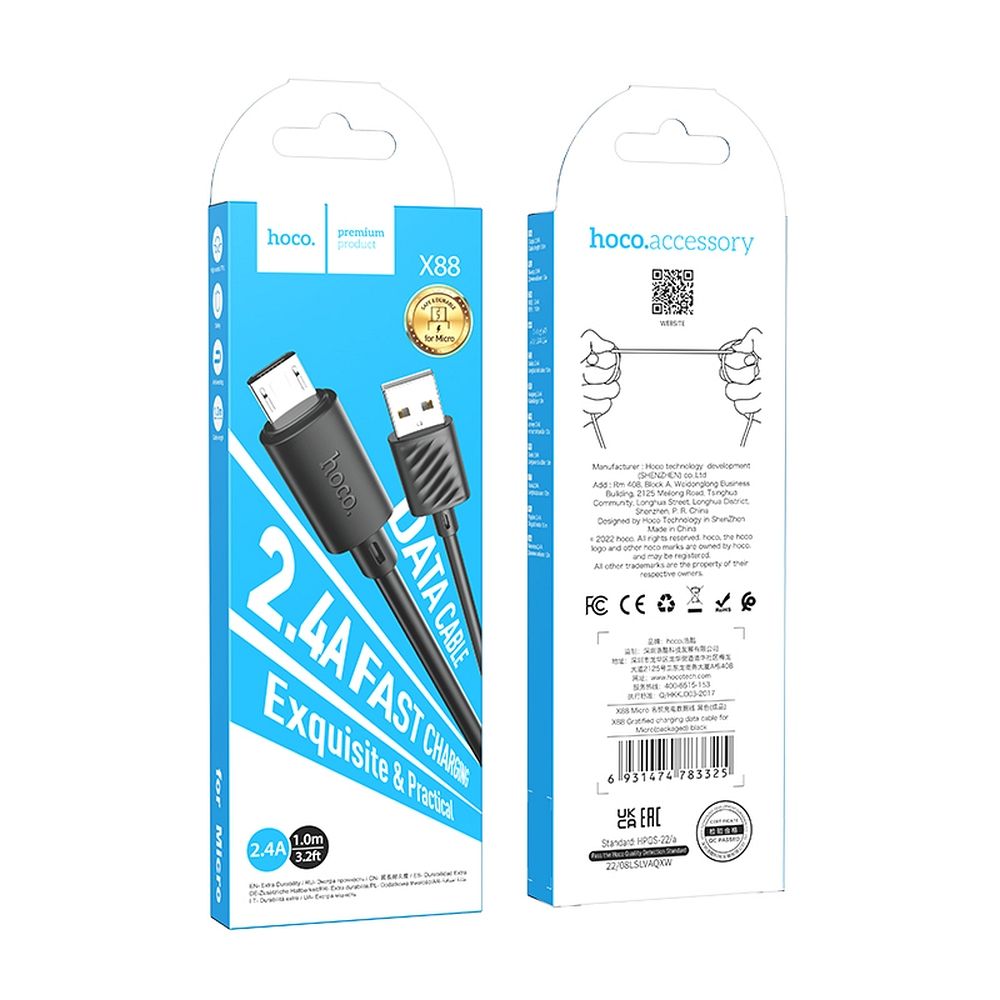 HOCO X88 USB-A - microUSB adat- és töltőkábel, 18W, 1m, Fekete