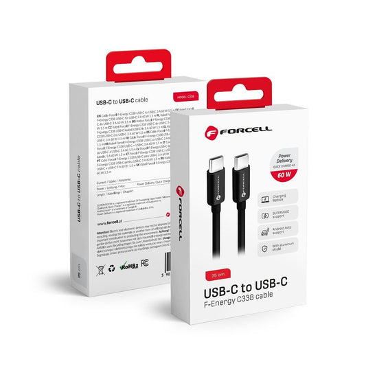 USB-C adat- és töltőkábel - USB-C Forcell F-Energy C338, 60W, 0,25m, fekete