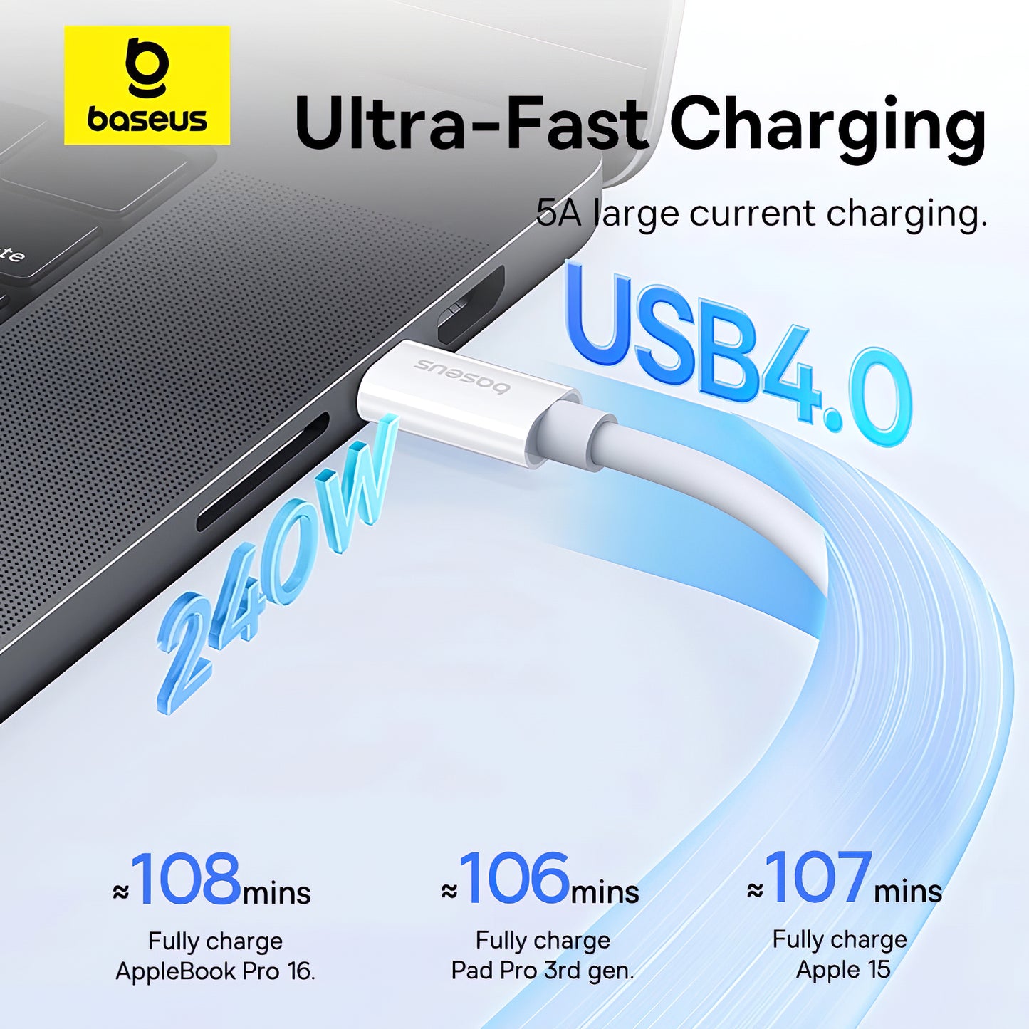 USB-C adat- és töltőkábel - USB-C Baseus Superior Series 2, 240W, 1m, fehér P10365200211-02