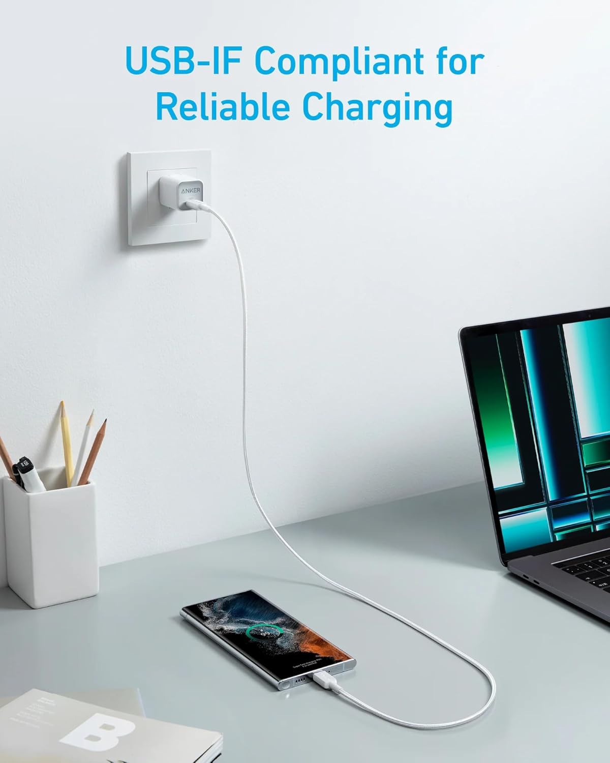 USB-C - USB-C Anker 322 adat- és töltőkábel, 60W, 0.9m, Fehér A81F5G21