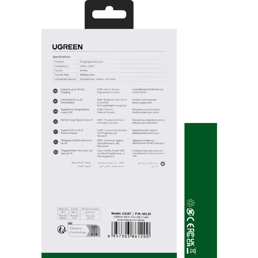 Adat- és töltőkábel USB-A - USB-C UGREEN US287, 60W, 0,5m, fehér