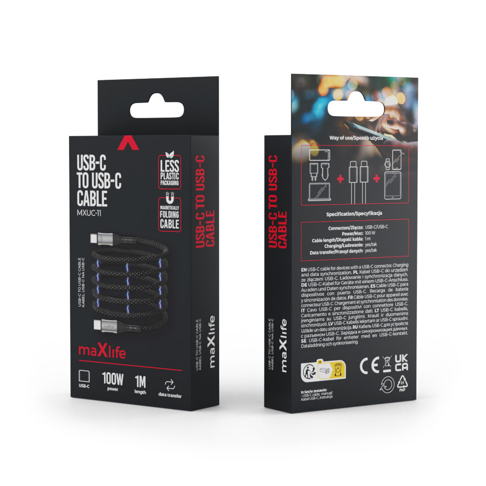 USB-C - USB-C MaXlife MXUC-11 Mágneses Adat- és Töltőkábel, 100W, 1m, Fekete