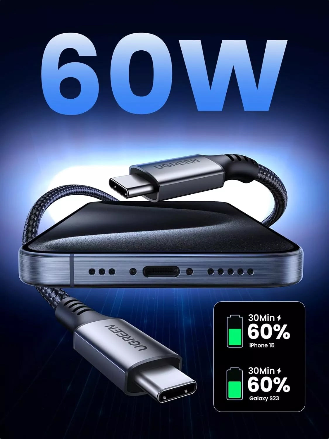 USB-C adat- és töltőkábel - USB-C UGREEN US567, 60W, 2m, szürke, szürke