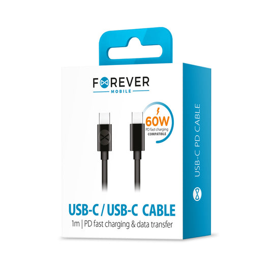 USB-C - USB-C Forever adat- és töltőkábel, 60W, 1m, Fekete