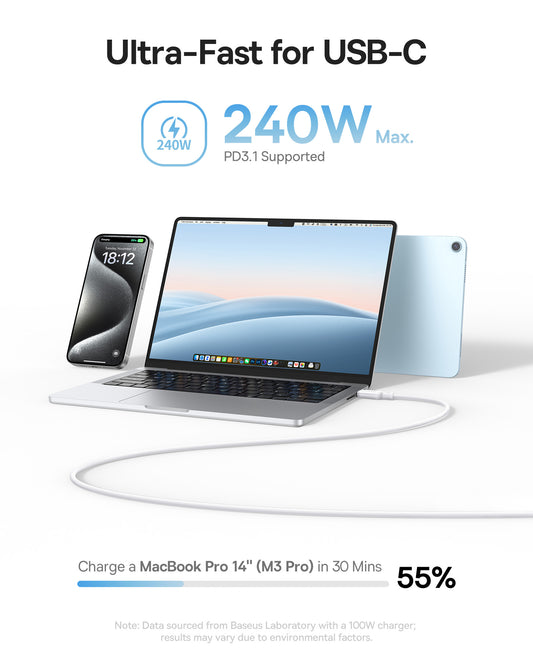 USB-C - USB-C Baseus PicoGo adat- és töltőkábel, 240W, 1m, Fehér P10376800211-00