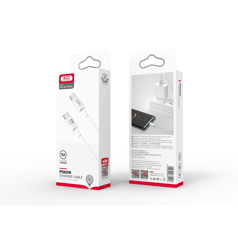 USB-C - USB-C adat- és töltőkábel XO Design NB-Q190A, 60W, 1m, Fehér