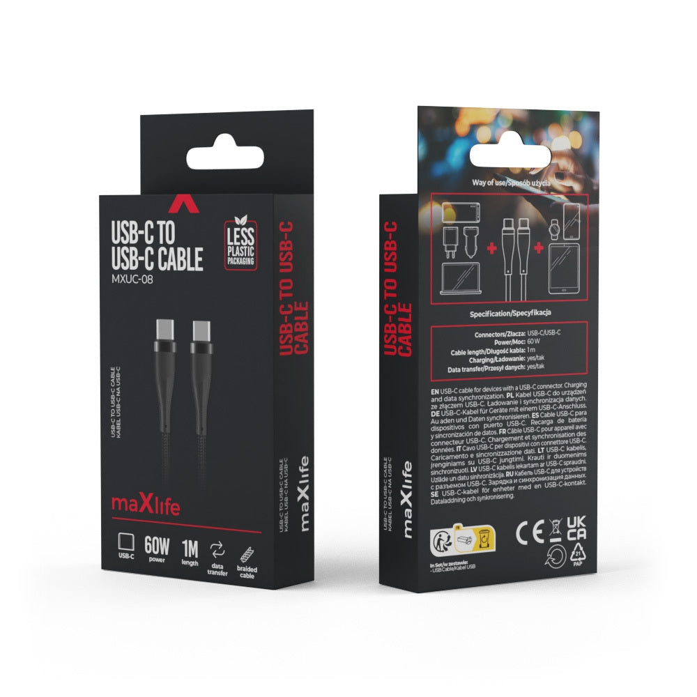 USB-C - USB-C adat- és töltőkábel MaXlife MXUC-08, 60W, 1m, Fekete