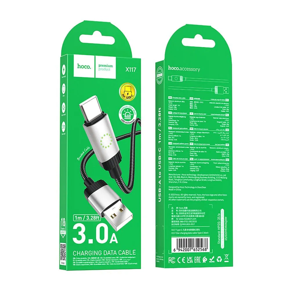USB-A - USB-C HOCO X117 adat- és töltőkábel, 60W, 1m, Fekete