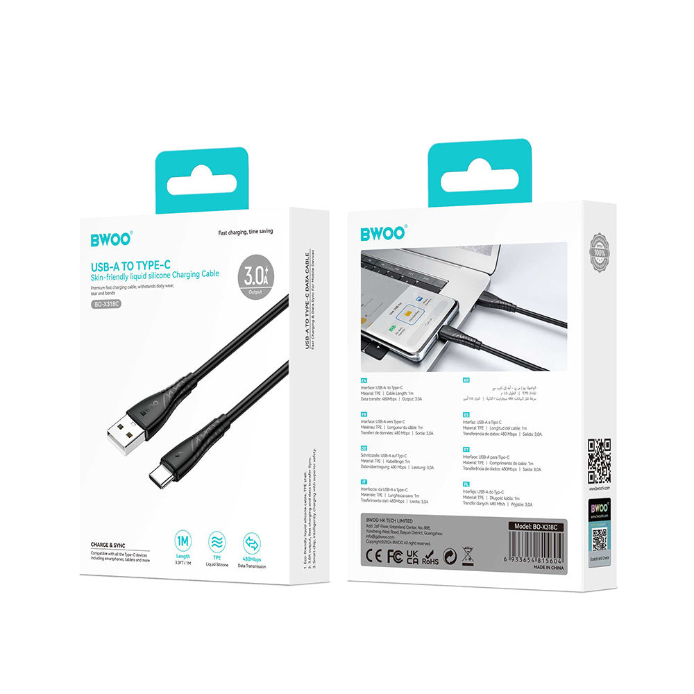 USB-A - USB-C adat- és töltőkábel BWOO BO-X318C, 27W, 1m, Fekete