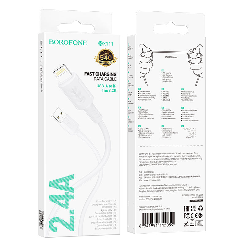 USB-A - Lightning Borofone BX111 Feliz adat- és töltőkábel, 18W, 1m, Fehér