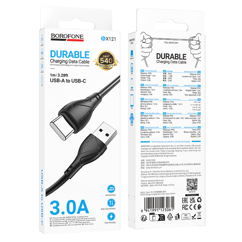 USB-A - USB-C Borofone BX121 Energy adat- és töltőkábel, 18W, 1m, Fekete