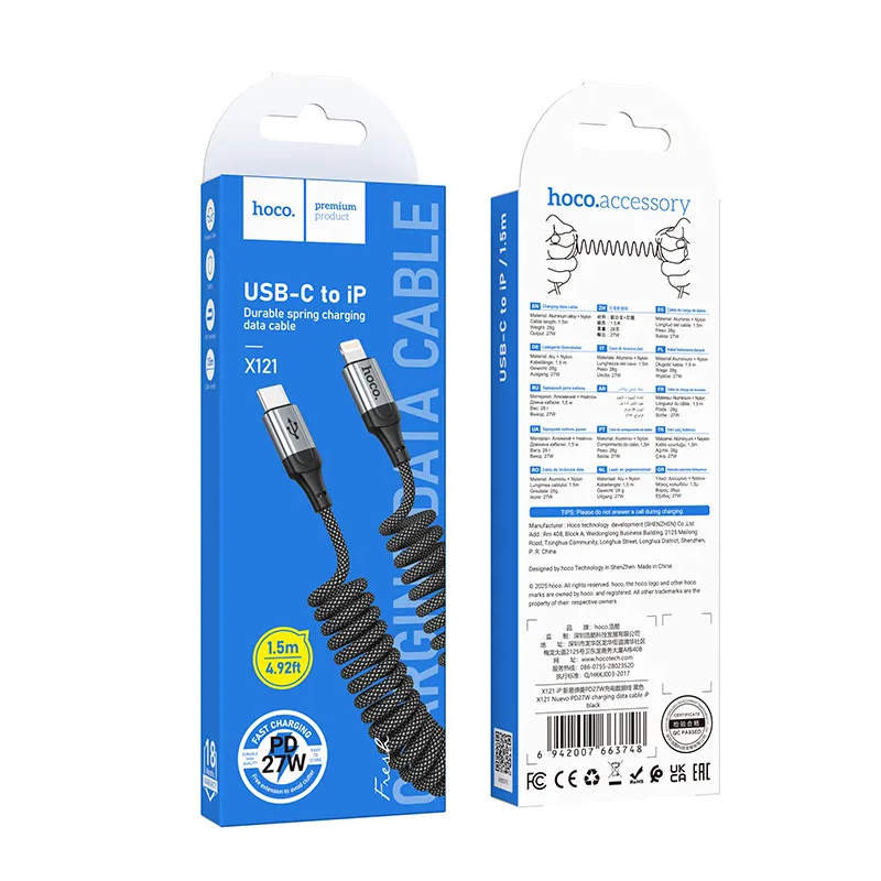USB-C - Lightning HOCO X121 adat- és töltőkábel, 27W, 1.5m, Fekete
