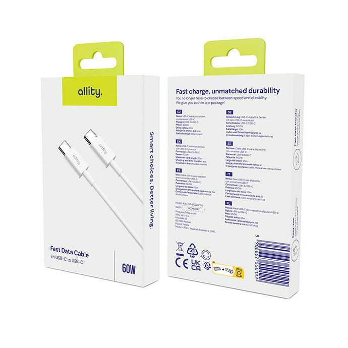 USB-C - USB-C adat- és töltőkábel Allity. AUC-03, 100W, 2m, Fehér