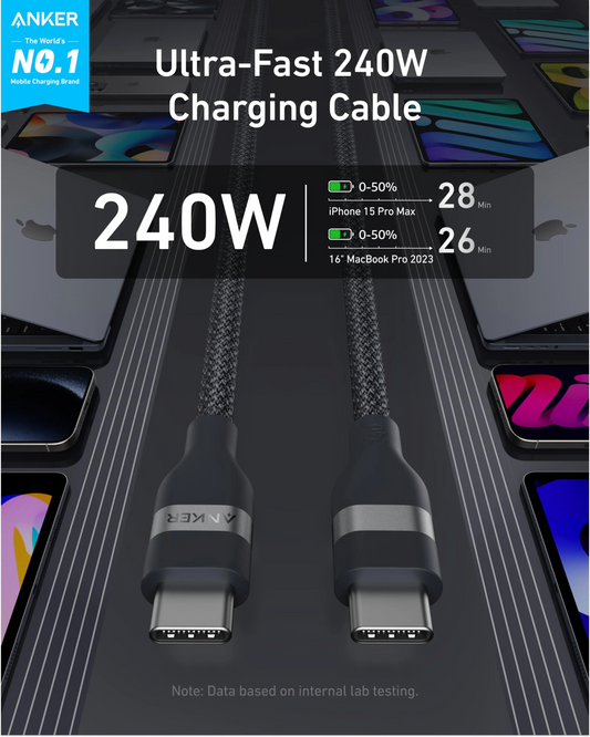 USB-C - USB-C Anker adat- és töltőkábel, 240W, 1.8m, Fekete A82E2H12
