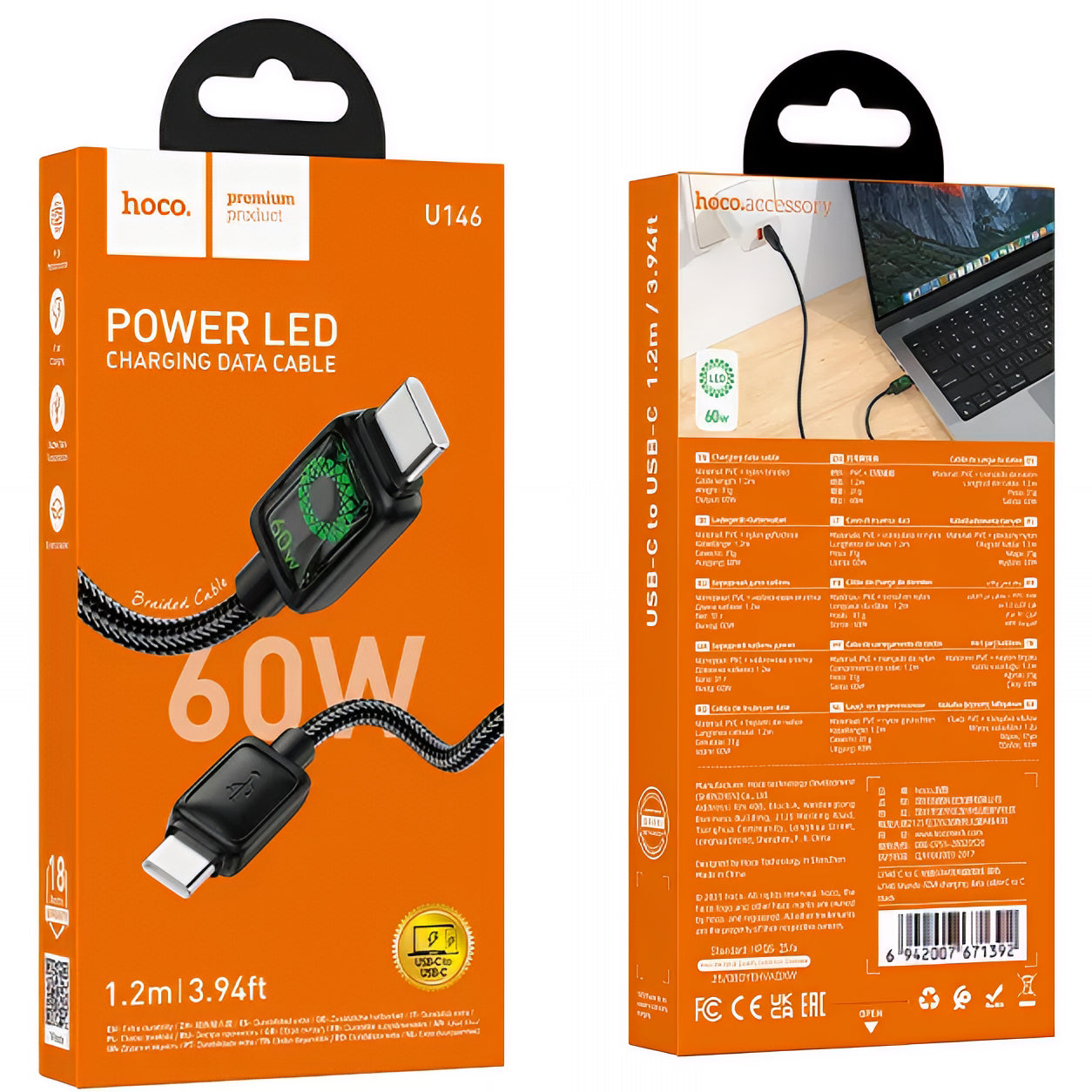 USB-C - USB-C HOCO U146 adat- és töltőkábel, 60W, 1.2m, Fekete