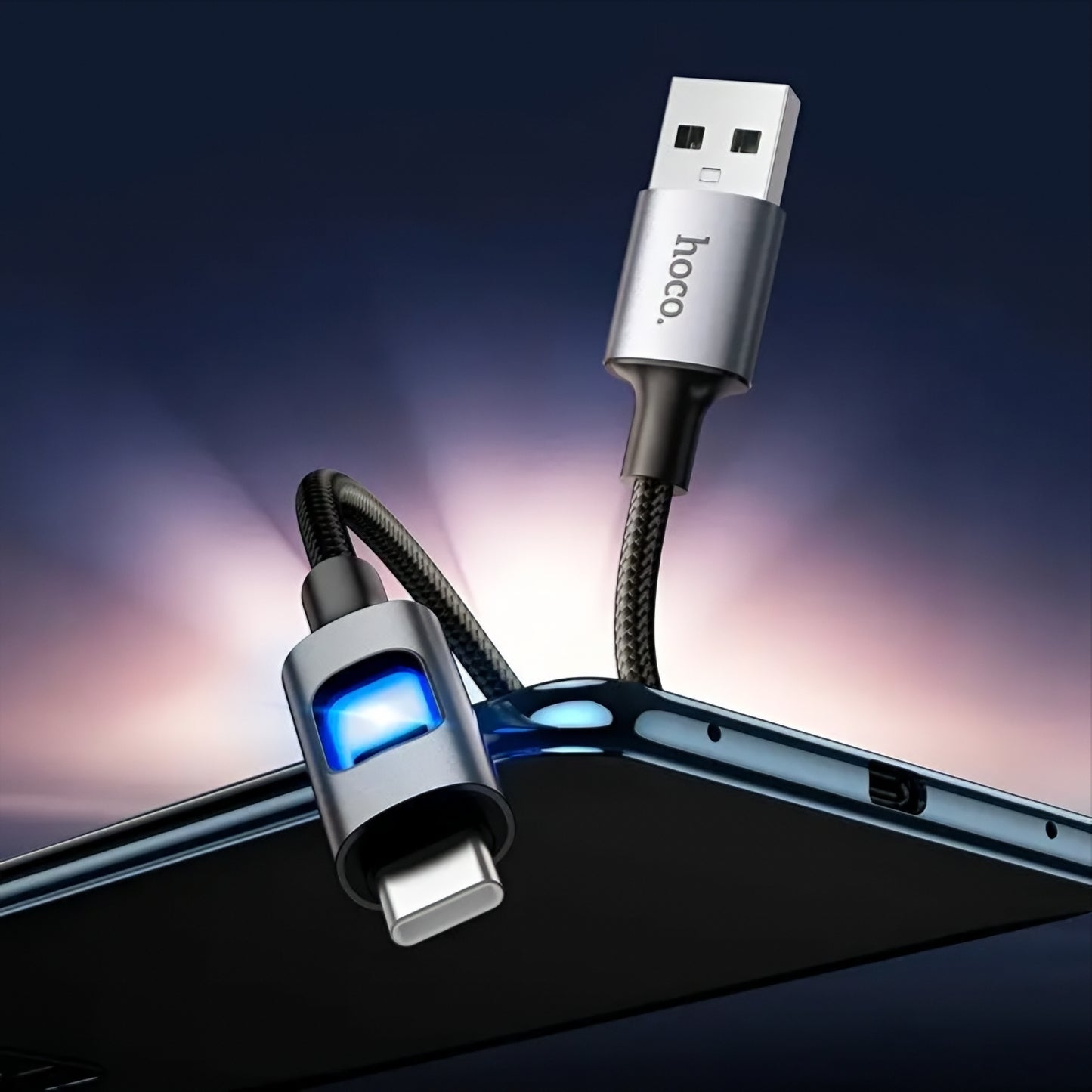 USB-A - USB-C HOCO U144 Led adat- és töltőkábel, 18W, 1.2m, Fekete
