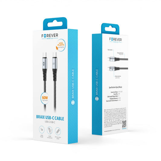 USB-C - USB-C Forever Braix adat- és töltőkábel, 60W, 1m, Fekete