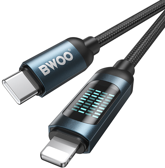 USB-C - Lightning adat- és töltőkábel BWOO X305 kijelzővel, 27W, 1m, fekete