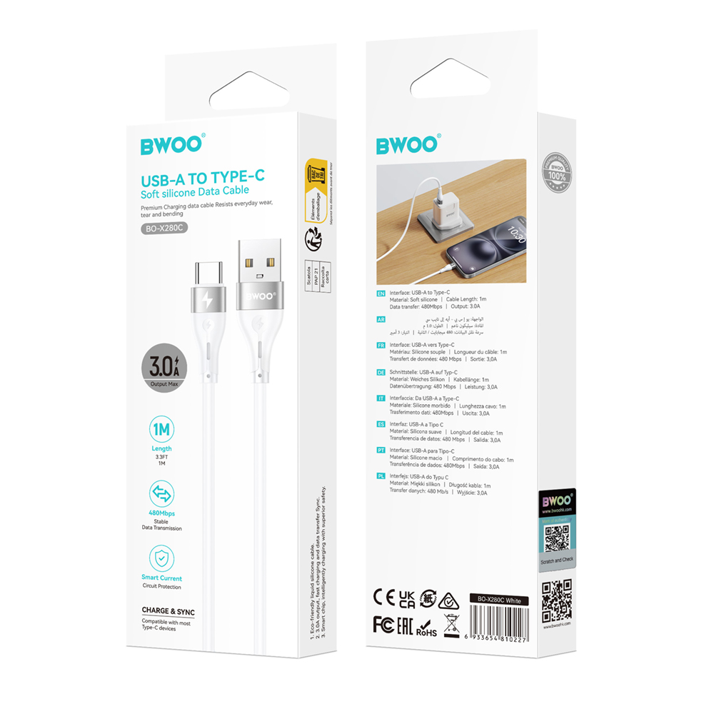 USB-A - USB-C adat- és töltőkábel BWOO X280C, 15W, 1m, fehér