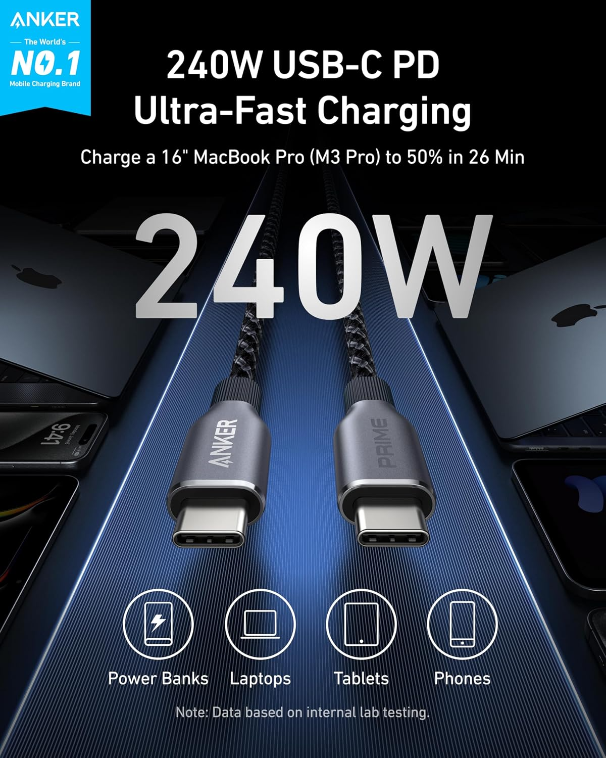 Anker Prime USB-C–USB-C adat- és töltőkábel, 240 W, 0,9 m, fekete A88E2011