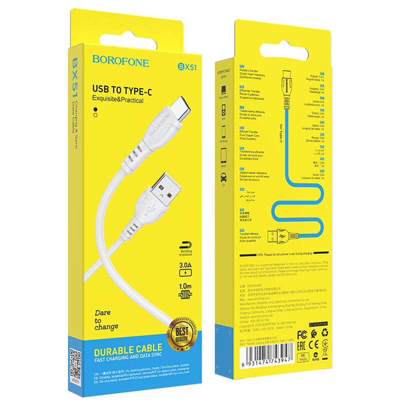 USB-A - USB-C Borofone BX51 Triumph adat- és töltőkábel, 20W, 1m, fehér