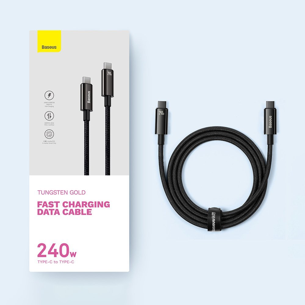 USB-C adat- és töltőkábel - USB-C Baseus Tungsten Gold, 240W, 2m, fekete CAWJ0401010101