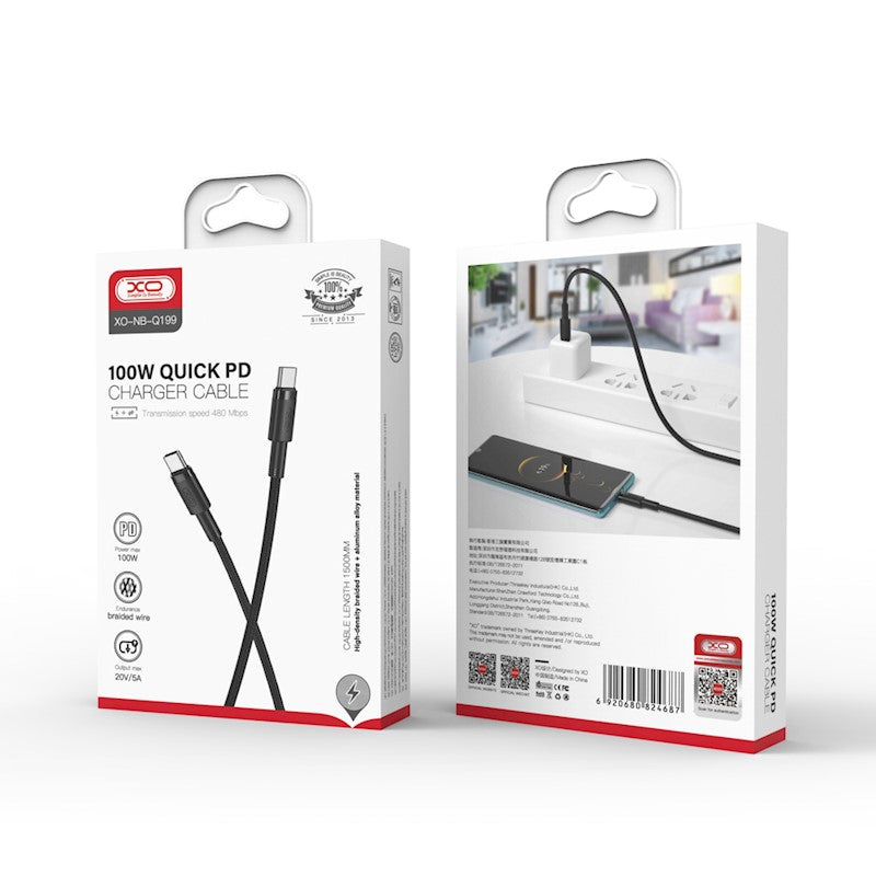 USB-C - USB-C adat- és töltőkábel XO Design NB-Q199, 100W, 1.5m, Fekete