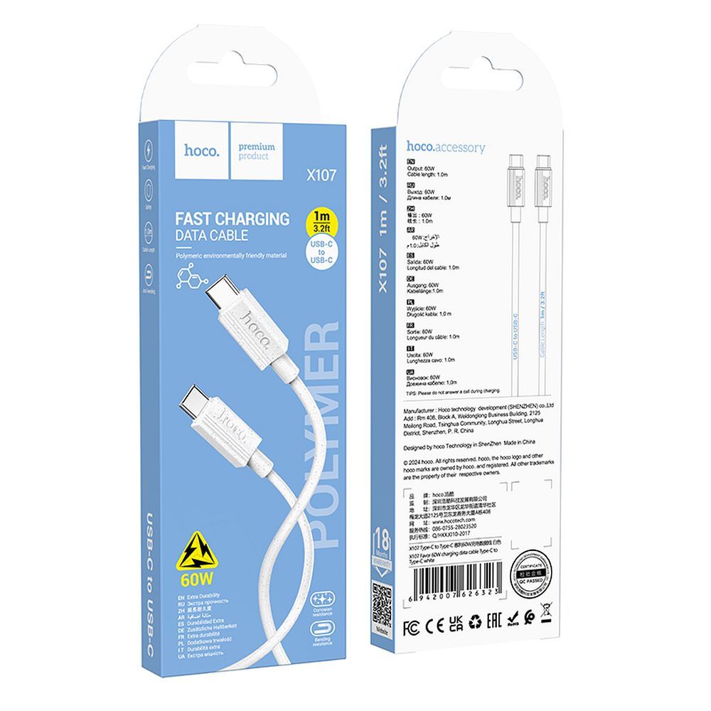 USB-C - USB-C HOCO X107 adat- és töltőkábel, 60W, 1m, Fehér