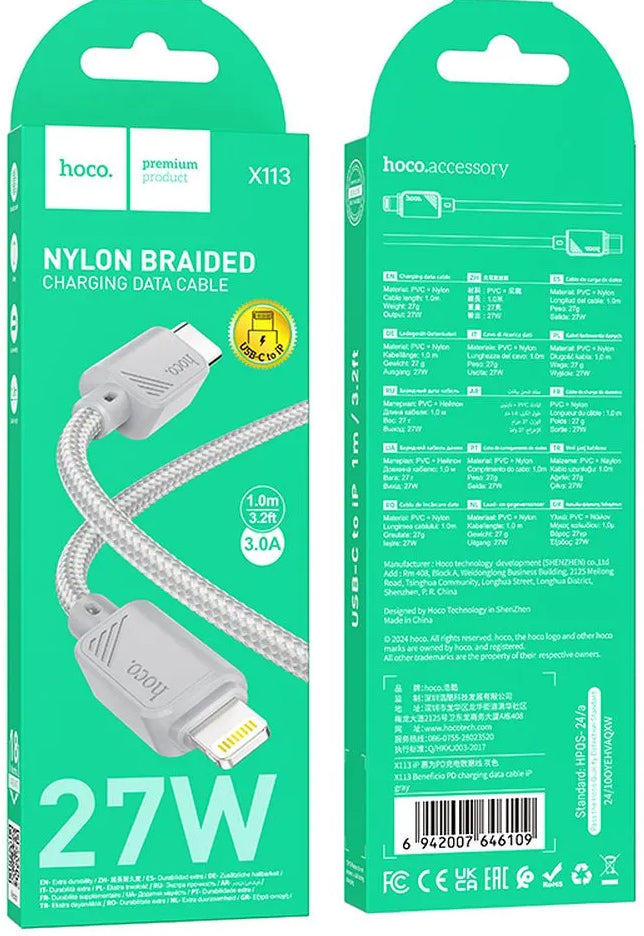 USB-C - Lightning HOCO X113 adat- és töltőkábel, 27W, 1m, Szürke