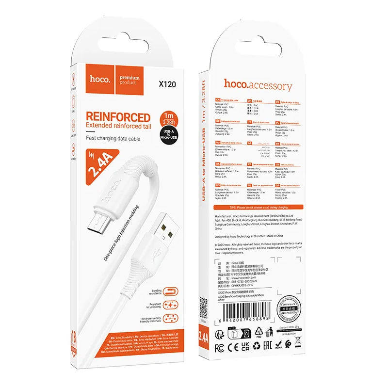 USB-A - microUSB HOCO X120 adat- és töltőkábel, 18W, 1m, Fehér