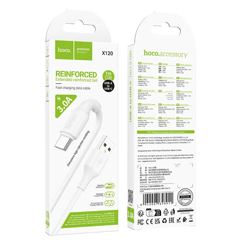 USB-A - USB-C HOCO X120 adat- és töltőkábel, 60W, 1m, Fehér
