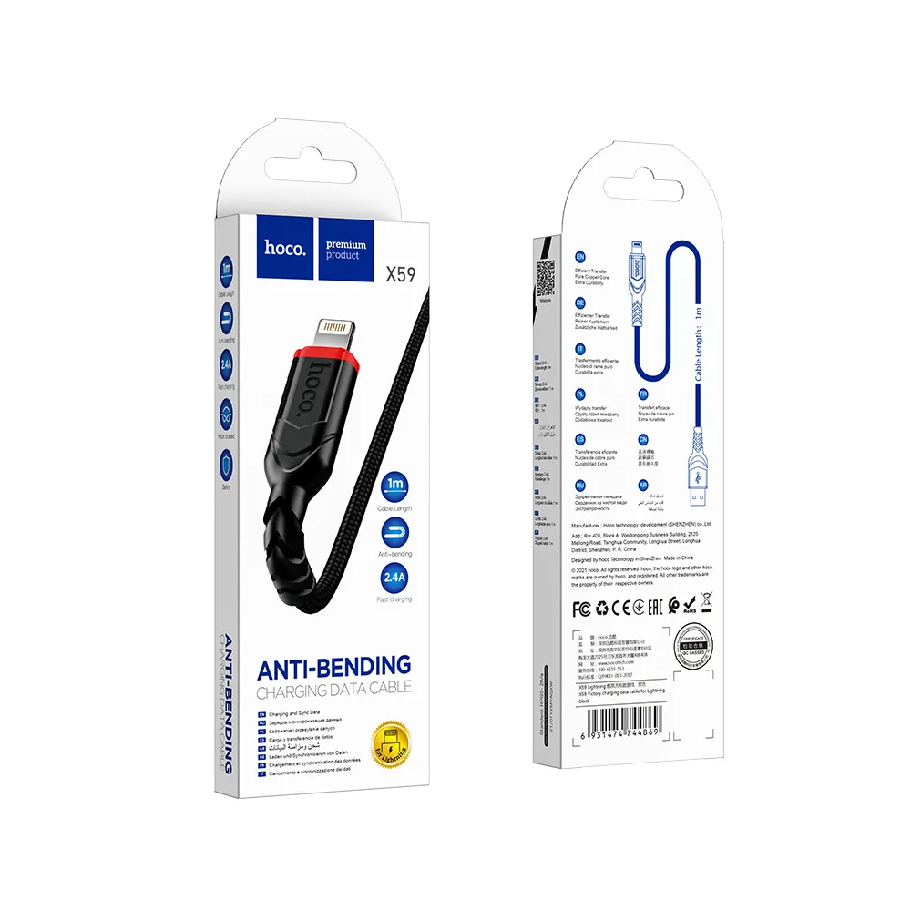 USB-A - Lightning HOCO X59 Victory adat- és töltőkábel, 18W, 1m, Fekete