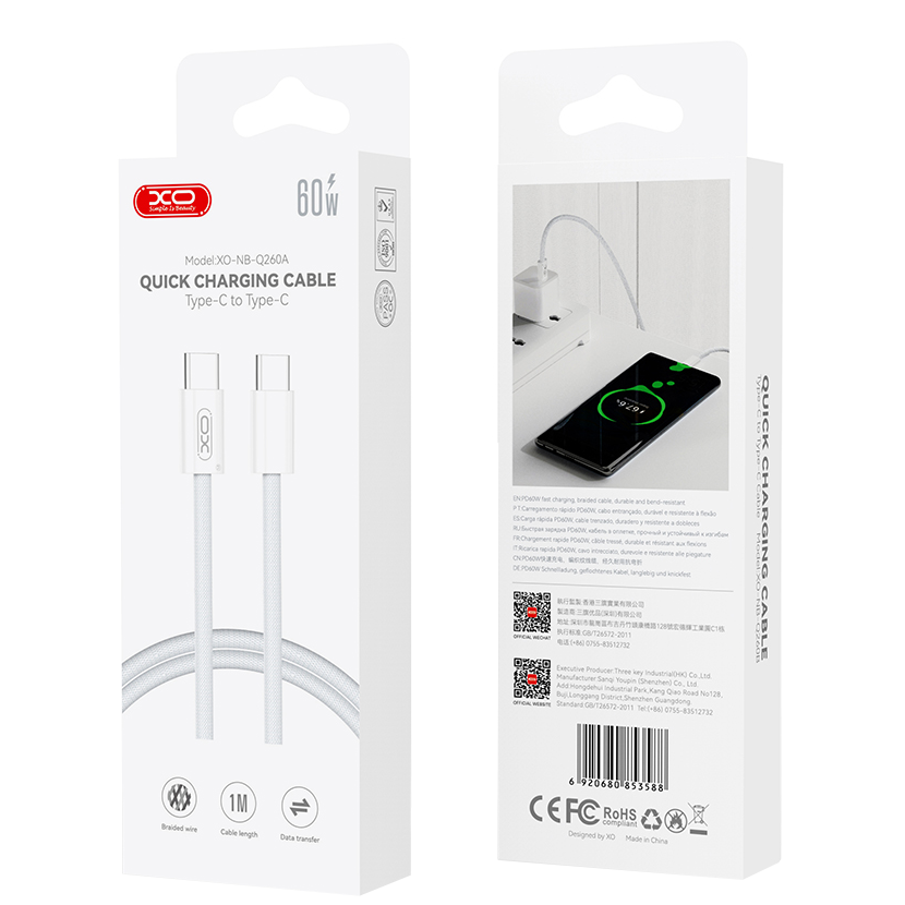USB-C - USB-C adat- és töltőkábel XO Design NB-Q260A, 60W, 1m, Fehér