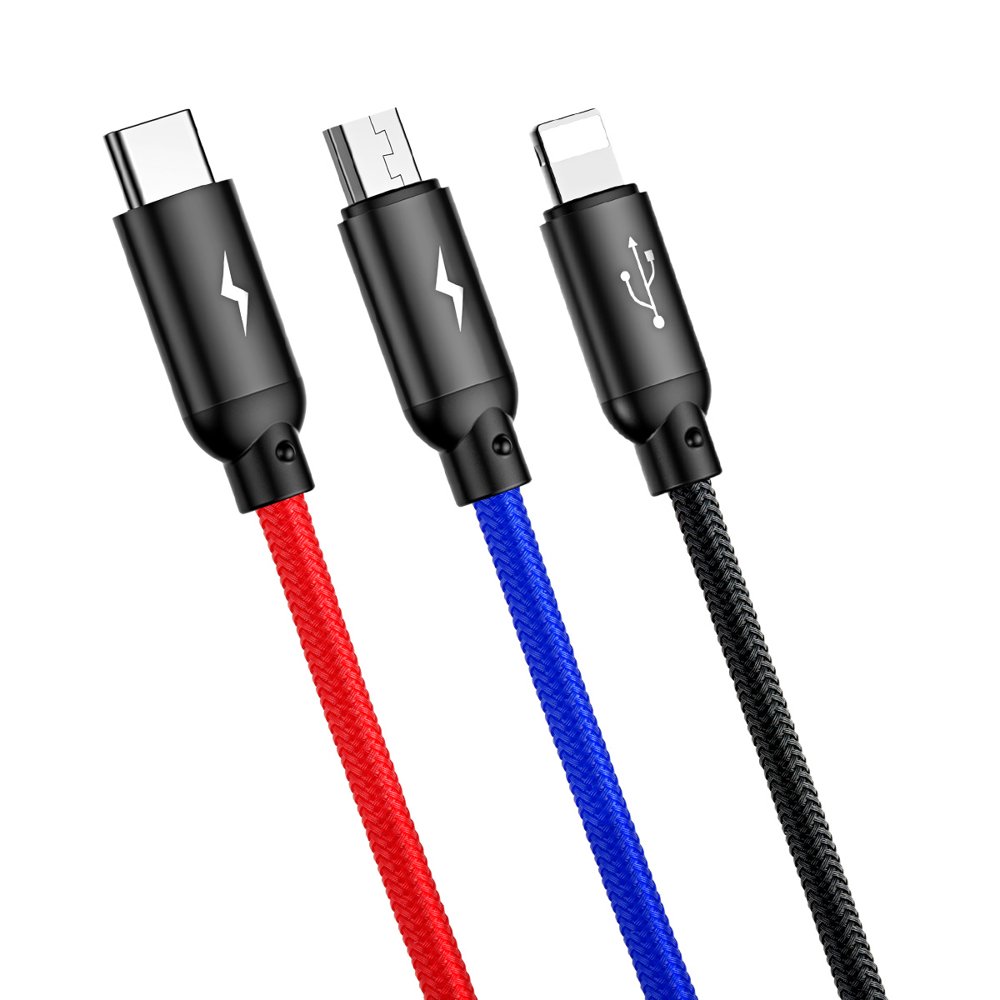 USB-A - Lightning / microUSB / USB-C Baseus Colors 3in1 töltőkábel, 20W, 1.2m, Fekete CAMLT-BSY01