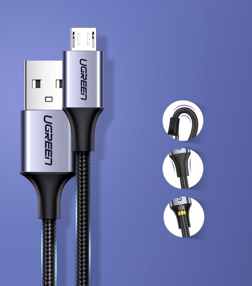 USB-A - microUSB adat- és töltőkábel UGREEN US290, 18W, 1,5m, Fekete