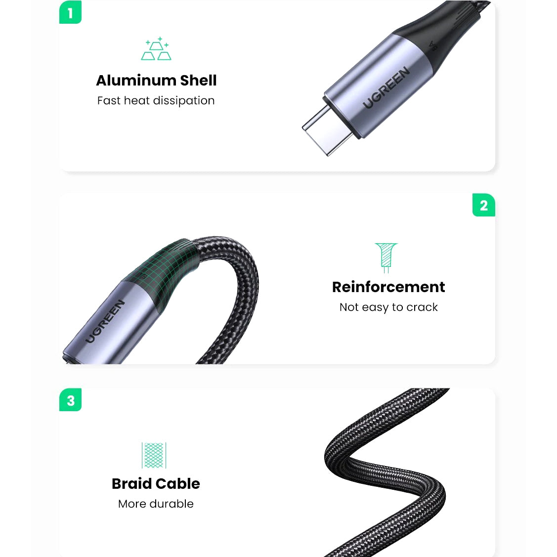 USB-C adat- és töltőkábel - USB-C UGREEN US355, 100W, 1m, Fekete