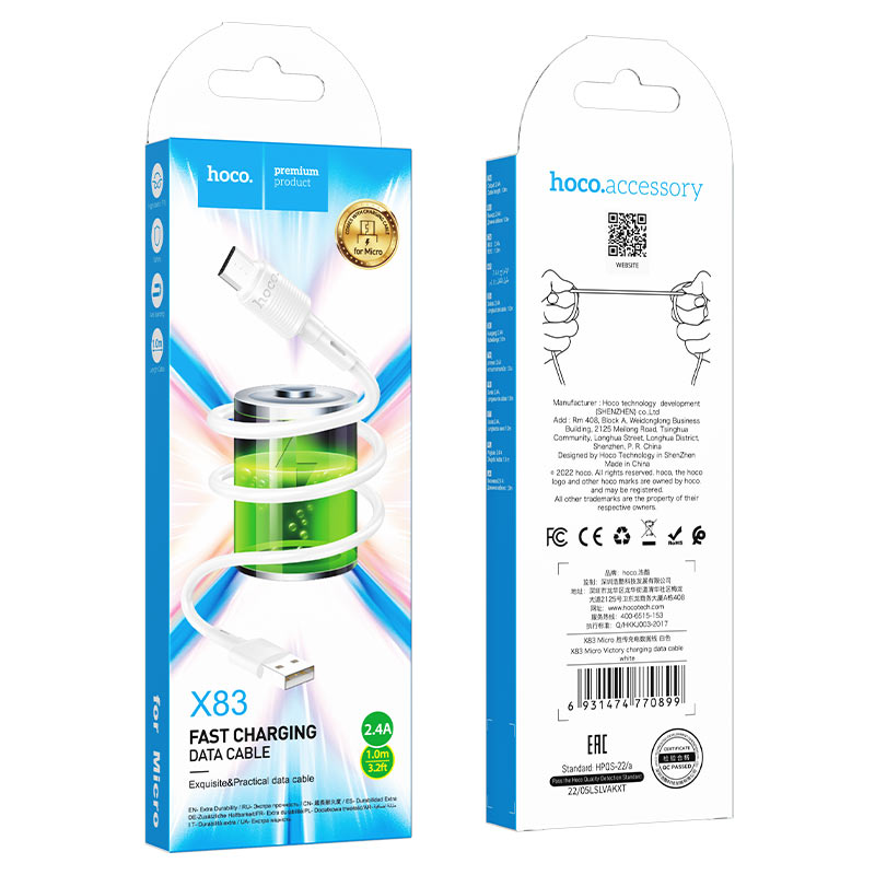 USB-A - microUSB adat- és töltőkábel HOCO X83 Victory, 18W, 1m, Fehér