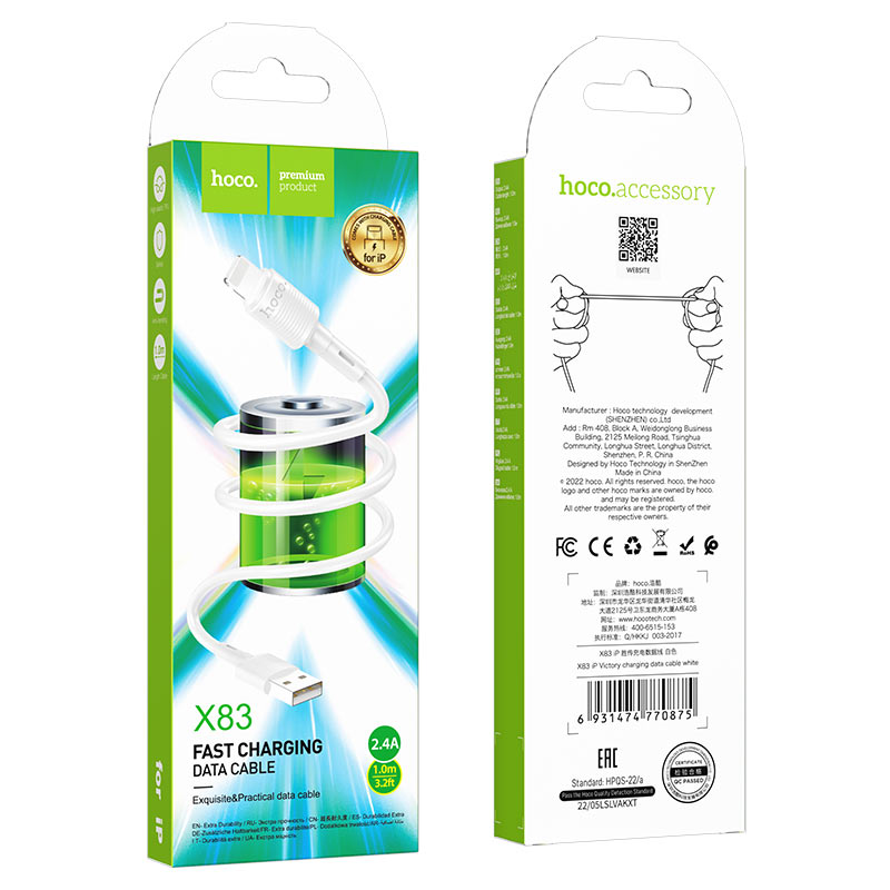 USB-A - Lightning HOCO X83 Victory adat- és töltőkábel, 18W, 1m, Fehér