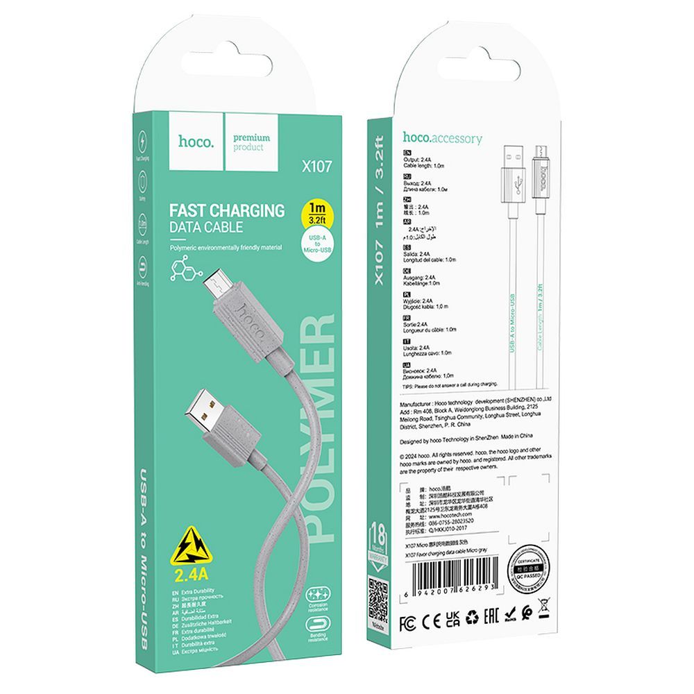 USB-A - microUSB HOCO X107 adat- és töltőkábel, 18W, 1m, Szürke