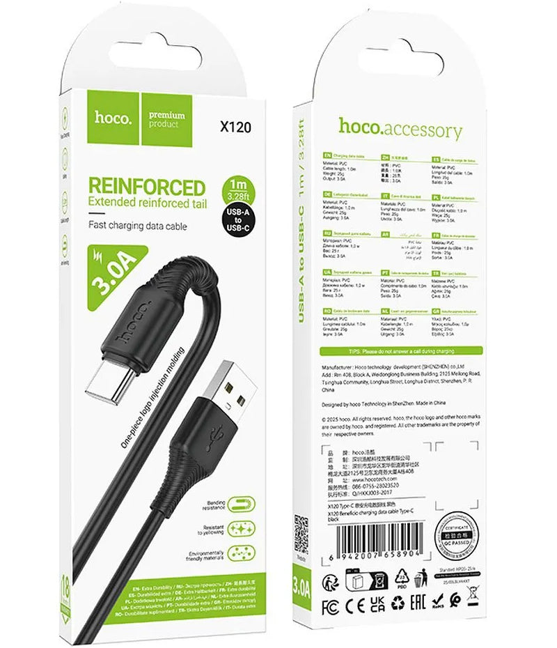 USB-A - USB-C HOCO X120 adat- és töltőkábel, 60W, 1m, Fekete