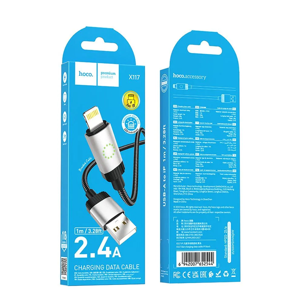 USB-A - Lightning HOCO X117 adat- és töltőkábel, 18W, 1m, Fekete