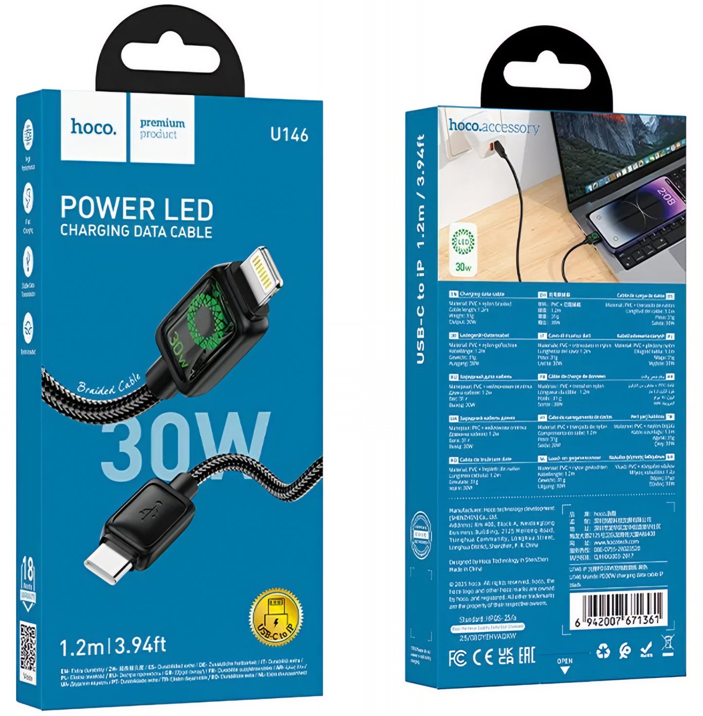 USB-C - Lightning HOCO U146 adat- és töltőkábel, 30W, 1.2m, Fekete
