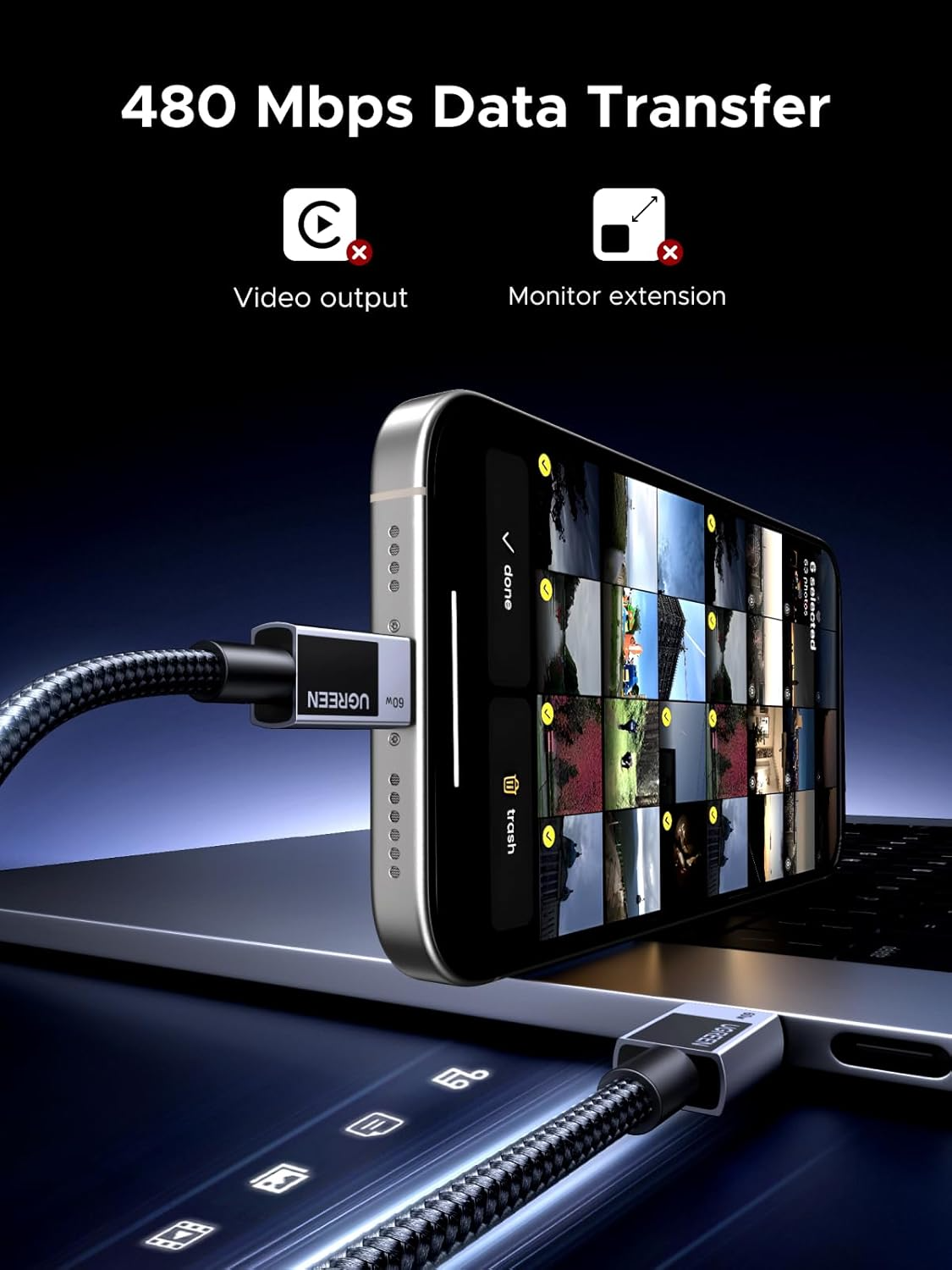 USB-C - USB-C UGREEN L524 adat- és töltőkábel, 60W, 2m, szürke