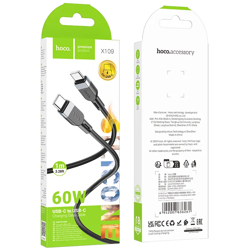 USB-C - USB-C HOCO X109 adat- és töltőkábel, 60W, 1m, Fekete