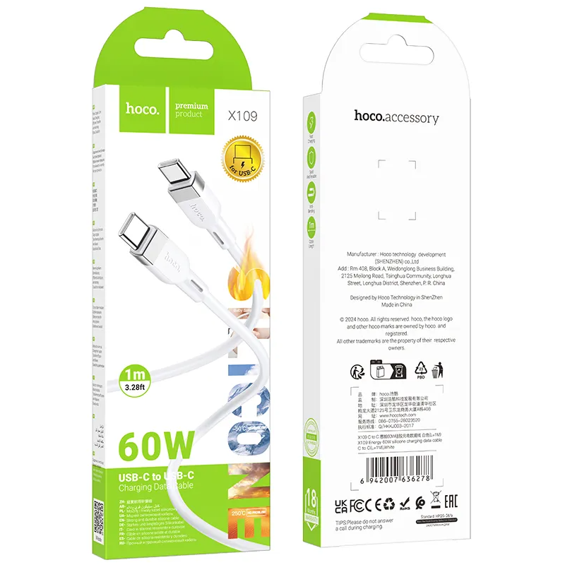 USB-C - USB-C HOCO X109 adat- és töltőkábel, 60W, 1m, Fehér