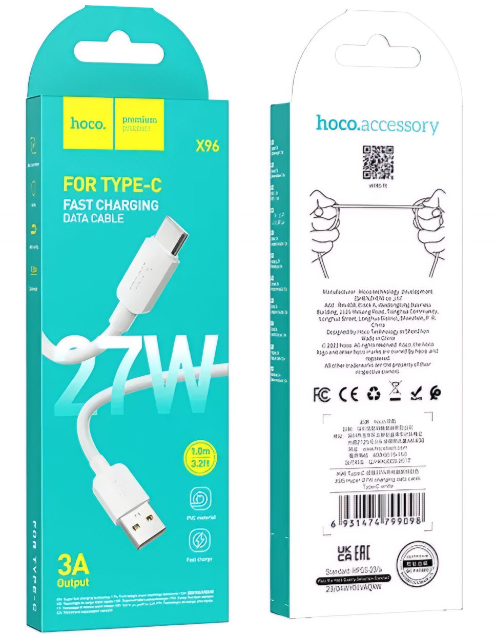 USB-A - USB-C HOCO X96 adat- és töltőkábel, 27W, 1m, Fehér